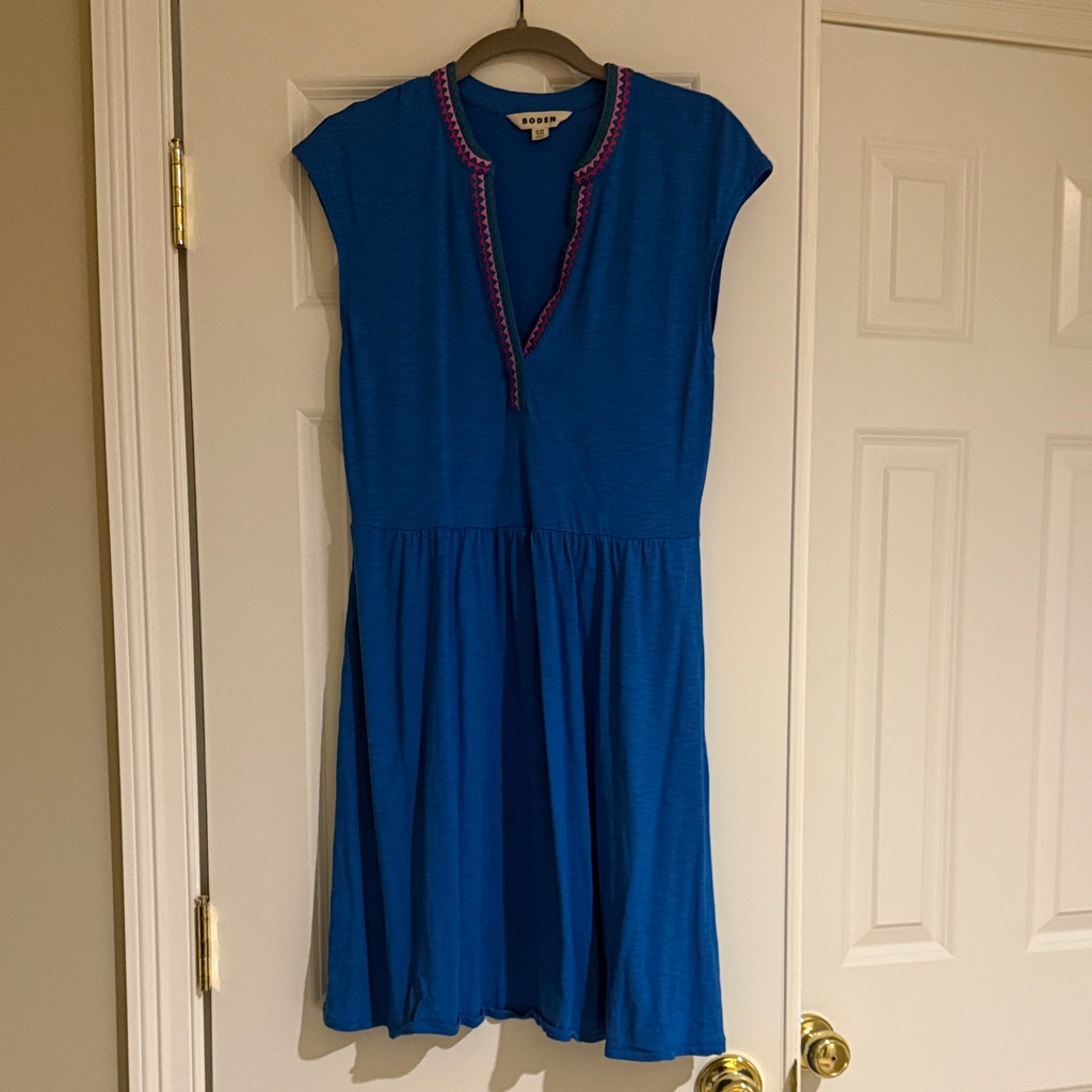 Boden Cerulean Blue Cap Sleeve Knit Dress With Pink Trim